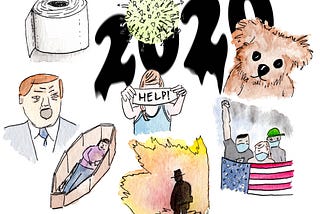 Ink/watercolor of 2020 disasters: virus, death, wildfire, BLM protestors, etc