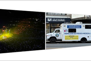 A double image — on the left is a large concert arena that is dark with twinkling lights and a yellow stage. On the right is a white van with the words “Homeless Outreach Medical Unit” on it along with the City of Newark logo and instructions on how to connect people with the services and what services are provided within the van