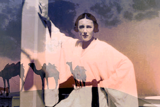 Black and white photo of a woman with short dark hair, dressed in a lightly colored tunic that resembles a kimono, with very wide sleeves and a dark belt. She is standing with one hand on her hip and the other on a column in a daring pose. Superimposed there is the picture of three camelsin the desert