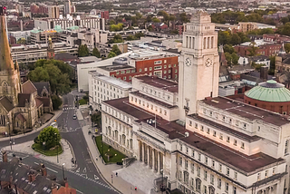 A view of our campus from the air, showing the parkinson tower