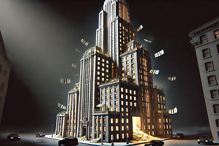 A large office building, sitting in the darkness and illuminated from within, has money spilling out of its doors and windows. Image by Gemini.