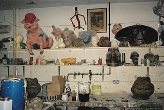 Shelves of puppets and creatures in Jim Henson’s Creature Shop in London c. 2003
