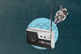 A surreal collage of a radio with an astronaut floating above it.