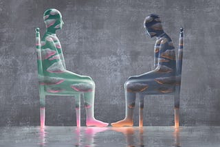 Two cloudy man sitting on a chair surreal illustration, bipolar disorder, sadness, mental health, loneliness, emotional, inside, depression ,fantasy art