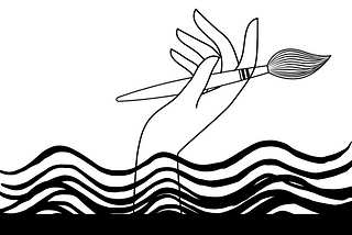 A black and white image of a hand holding a paintbrush coming out of waves.