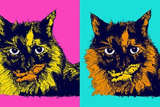 A quadtych image of a tortoiseshell tabby cat in multiple colours.