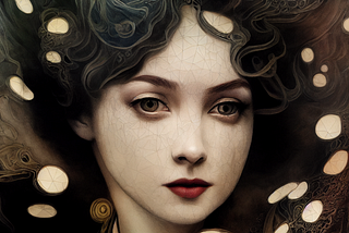 A close-up digital painting portrait of a woman with pale skin, large hazel eyes, and deep red lips, gazing calmly and directly at the viewer. Her dark hair forms intricate, flowing sculptural shapes around her face. The dark background is dotted with glowing orbs and ornate gold patterning in a decorative, Klimt-inspired style, giving the image a rich, antique texture.