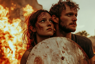 photo of a couple holding a shield to protect themselves, looking hopeful, background is the end of the world, full of dramas, fire, and chaos, AI image created by henrique centieiro and bee lee on midjourney v6