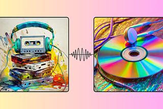 Left image: stack of cassette tapes with old headphones; Right image: CD with earbuds; both images connected by sine wave in the middle; gradient background pale yellow (left) to pale pink (right)