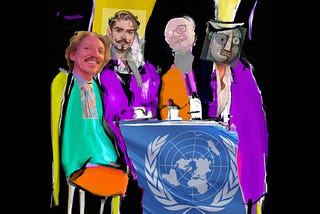 Los cuatro jinetes del apocalipsis, cuatro amigos que se sientan juntos en una milonga, en una mezcla de estilos, con una bandera de las Naciones Unidas como mantel.