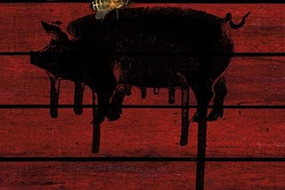 Red Image of a black pig with a superimposed bee.