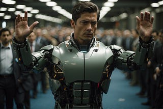 The android man’s arms are raised in a gesture of surrender, but his eyes betray a sense of defiance as he faces the barrage of questions from the BBC reporters. His robotic body is a marvel of technology, but it is his actions and decisions that have caused controversy and sparked debate among the public. As he stands in the spotlight, he is a symbol of the blurred lines between man and machine, and the consequences of their interactions.