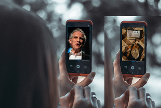 Woman holding a cell phone out with an image of Benjamin Zander grafted on it. Hands and phone repeat righ but with an image of a cello player.