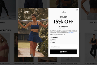 screenshot of a pop-up for 15% off your order from alo yoga.
