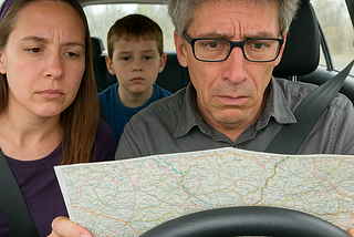 A lost family in car looking at map for directions in the days before cell phones, Mapquest and in-car navigation systems.
