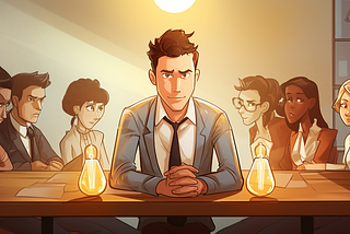 Confident looking male in a suit sitting at a table with light bulbs with a sad looking team behind him.