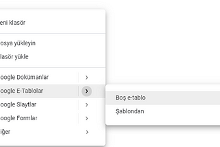 sağ tık->google e-tablolar->boş e-tablo