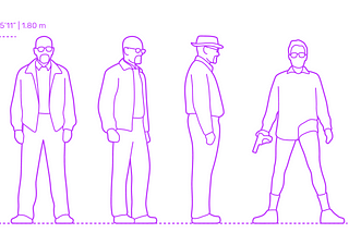 A line drawing of a man in four different poses. The man depicted is Walter White from Breaking Bad. First pose shows him face on with no hat and a jacket, he is bald with a goatee. Second pose, he is side-on, same outfit. Third pose, side-on again, with a pork pie hat on. Fourth and final pose, facing front, in his pants and a shirt holding a handgun in his right hand.