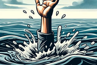 An image of a hand emerging from water — as though a person is drowning and reaching for help.