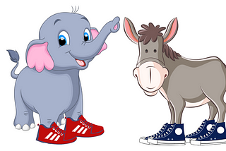 An elephant in red sneakers stands next to a donkey in blue sneakers.