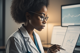 Image shows an African American Doctor looking at an image on a computer screen.