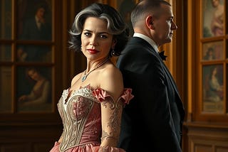 Image shows a mature woman with dark hair and streaks of grey, wearing a ballgown and standing with her back against the back of a mature man in a black suit. She looks at the camera, he doesn’t.