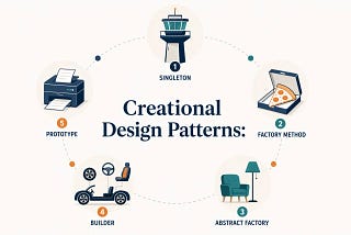 Five Python creational design patterns listed on a dark and light split layout.