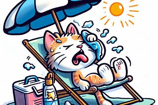 An animated picture of a cat sitting under the scorching sun at the beach, sweating