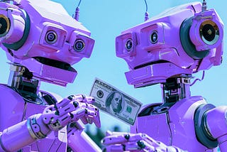 photo of two purple humanoid robots , one robot is talking and paying money to the other, bright blue day, AI image created on midjourney v6 by henrique centieiro and bee lee