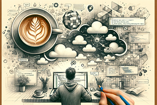 Image created by AI  —  a pencil sketch portraying someone at a cafe, deeply engaged in coding on their laptop, surrounded by cloud symbols and code snippets.