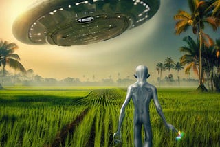 Idyllic Bangladesh countryside. A paddy field and we see a flying saucer has landed and a biped alien is walking towards the camera. Later afternoon sun. Alien wearing silver spacesuit