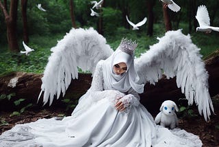 A woman in white attire seated on the ground, accompanied by white birds.