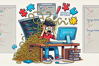 Cartoon of a programmer with tangled code, floating tools representing design patterns to bring structure.