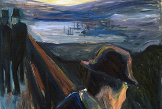A stressed man looking over an unsettling landscape.