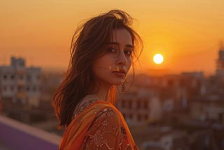 A woman with a sunset in the background.