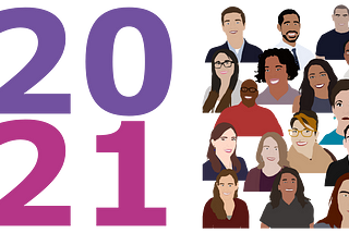 2021 in giant pink and purple text and a graphic of colored paint-like illustrations of the headshots of all 16 fellows.