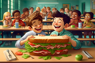 Alex and Sam sharing an enormous turkey sandwich during lunch at school. The scene captures their playful struggle and the cheerful atmosphere of the school cafeteria.