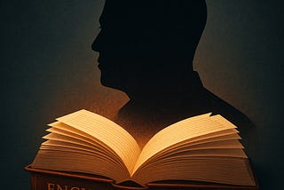 IMAGE: A glowing encyclopedia casting the dark silhouette of Elon Musk above it, symbolizing control of collective knowledge through AI