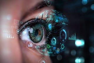 Close up of woman eye in process of scanning data analyzed using data analytics techniques