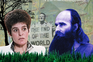 Digital collage image for Ant Hill Kids cult episode of Propensity: A True Crime Anthology Podcast featuring images of cult leader, Roch Thériault and cult member, Gabrielle Lavallée.