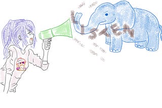 Female using a bullhorn to scream “listen” to an angry elephant