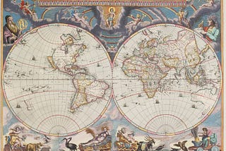 Hand coloured, highly ecorative double hemisphere map of the world. Representations of the four seasons appear along the bottom of the map. Portraits of Danish astronomer, Tycho Brahe and Galileo, andorn the top corners, with several classical deities appearing on clouds in between.
