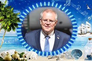 Image of Scott Morrison edited to appear like a holiday postcard.