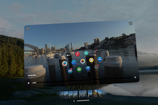 screenshot taken inside Apple Vision Pro, of a scene showing a beautiful Sydney harbour, with floating AVP User Interface.
