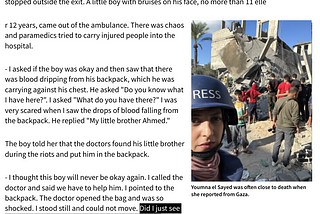 Journalist recounts seeing a Palestinian child carrying another injured child in his backpack.