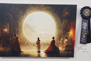 AI generated digital image in a neoclassical style depicting several classically dressed women staring at a sunlit large open portal