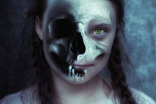 Girl with two plaits and part of a skull superimposed over her face so that only one of her eyes and her lips are visible