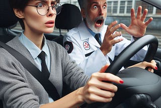 Woman driving with test examiner looking horrified next to her