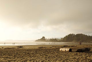 A beach in Tofino at dusk, with people walking in the background.