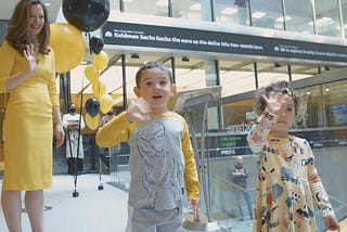 Romi with her kids Ari (4) and Gia (2) at the London Stock Exchange